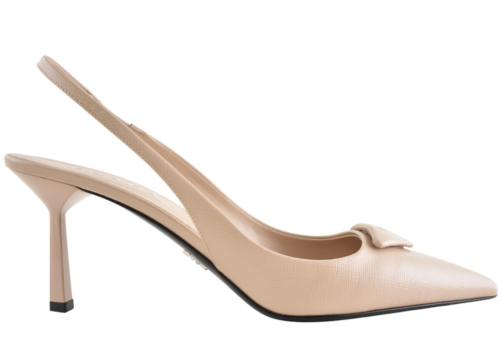 Prada 75mm Saffiano Patent Beige Pointed Toe Logo Slingback Strap Heel Pump 39.5